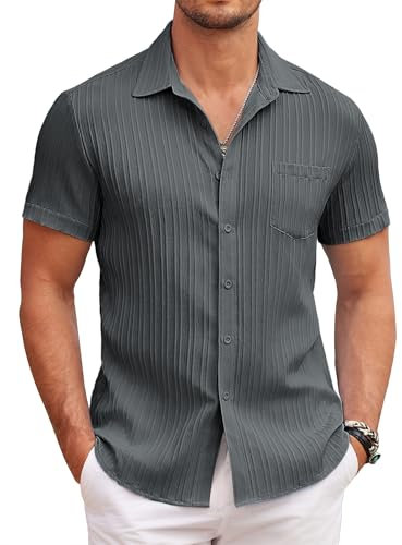 COOFANDY Herren Sommer Kurzarm Hemd Casual Textured Hawaii Freizeithemd Regular Fit Einfarbing Strand Beach Shirt mit Tasche Dunkelgrau L