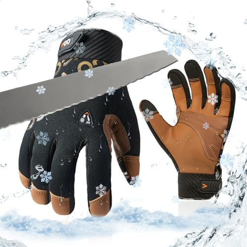 Vgo... Gants de travail d'hiver imperméables, gants en cuir à écran tactile thermique pour l'assemblage de congélateurs et de réfrigérateurs multifonctions, 1 paire