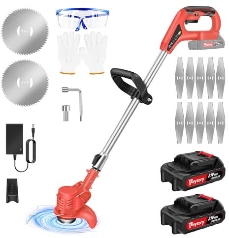 Cordless Strimmer - Garden Strimmer Cordless with 2 x 1.5Ah Battery and 12x Metal Blades, 21V Grass Strimmer Set with Height Adjustable, 10000 RPM, Lightweight Power Tool for Lawn Yard Work, Red