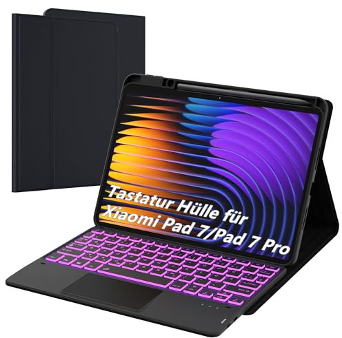 ROOFEI für Xiaomi Pad 7/Pad 7 Pro 11.2 Zoll Hülle mit Tastatur : 7-Farbiger Beleuchtung, Smart Touchpad, Abnehmbare QWERTZ-Layout Tastatur Hülle mit Stifthalter für Xiaomi Pad 7/Pad 7 Pro 11.2 2024