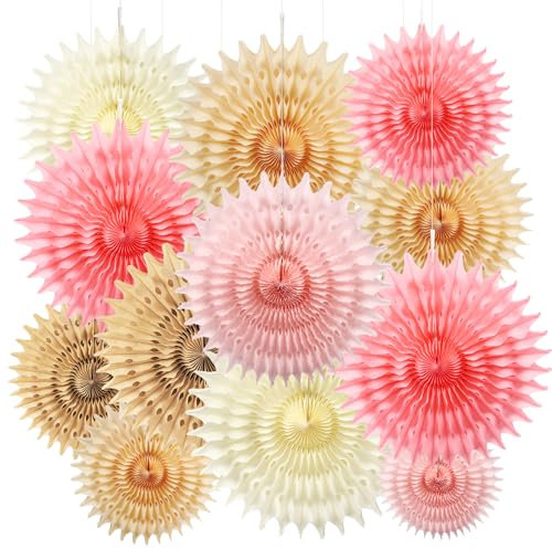 BestoFun 12 Stück Papier Fächer Set Beige PomPoms Tissue Blumen Braun Pfirsich Hängende Blumen Girlande Elfenbein Rosa Papier Fächer Dekoration für Partydeko Geburtstagsdeko Hochzeit Baby Shower