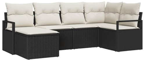 vidaXL 6-teiliges Garten-Sofa-Set mit Kissen in Schwarz aus Poly Rattan. Perfekt für 5 Personen, wetterfest und modern – ideal für den Patio, die Terrasse oder den Garten an Sommerabenden.
