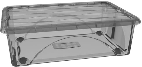 Contenitore con Coperchio e 4 Ruote Box Portaoggetti 30LT STORAGE Salvaspazio Sovrapponibile scatola 60x40x18 Organizer Multiuso organizzazione Casa Bagno Ufficio (Fumè trasparente)