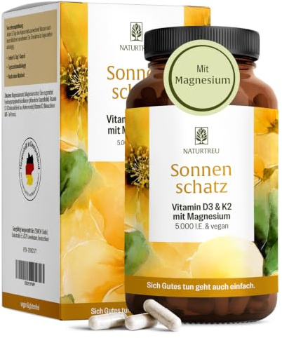 NATURTREU® Vitamin D3 + K2 Depot – 15 Monate Vorrat – 5000 IE Vitamin D3 | hochdosiert, ohne Zusätze - Hochdosierte Kapseln - 99,7+% All-Trans K2-MK7 ergänzt durch Magnesium