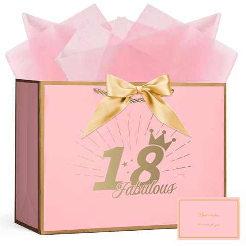 AOOSU Birthday Gift Bag, 28*20*10cm 18th Birthday Party Gifts Bag with Greeting Handles and 3 Wrappers and 1 Cards, Luxury Paper Bags with Handles for Girls Womens Wedding Party Christmas Valentines