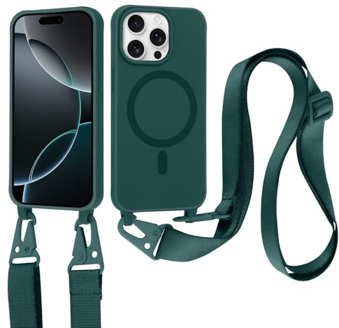Yxnvixn Crossbody Lanyard Case for iPhone 16 Pro, Compatible with MagSafe, Liquid Silicone TPU Soft Shell Shockproof Magnetic Protective Phone Cover with Adjustable Strap Neck Cord Necklace, Green