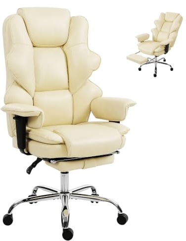 HOMCOM Sedia Ufficio Ergonomica con Poggiapiedi Reclinabile 180kg Crema | Poltrona Direzionale in Pelle PU, Girevole, Schienale Alto, Braccioli Imbottiti Sollevabili, Altezza Regolabile