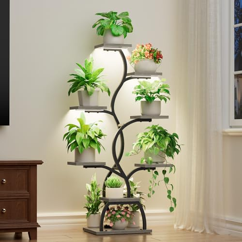 Plant Stand Indoor with Grow Light - 8 Tiered Corner Plant Shelf Indoor | 49 Plant Holder with Lights for Indoor Growing, Tall Lighted Flower Stand for Living Room, Balcony, Gray