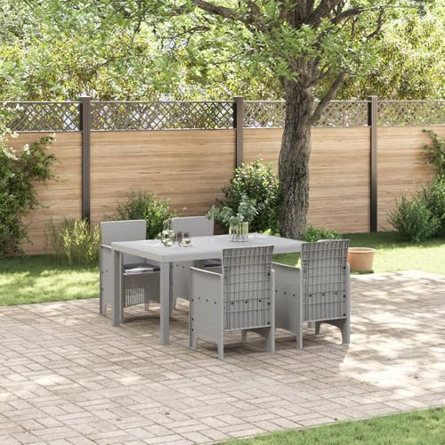 IBUQDDV 5-teiliges Garten Essgruppe mit Kissen Hellgraues Poly-Rattan, 4 Sitzplätze, Wetterfestes Outdoor-Esszimmergarnitur für Balkon Terrasse, Modernes Design, Abnehmbare Polster,