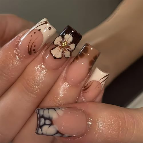 Cosblisvia 24 Stück Press On Nails, Nägel Zum Aufkleben, Press On Nails Kurz Quadratisch, Kunstnägel Für Frauen, Mädchen, Damen Für Party, Date, DIY (Braun Leopard)