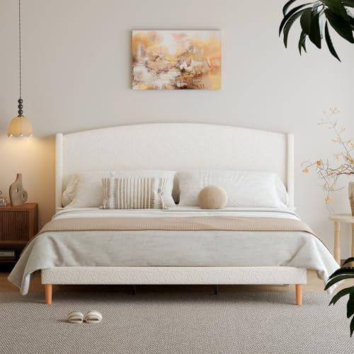 Klippehop 5ft King Bed Frame Upholstered Platform King Bed Frame with Headboard, Soft Boucle Cloud Bedframe, No Box Spring Needed, 5ft King, Beige