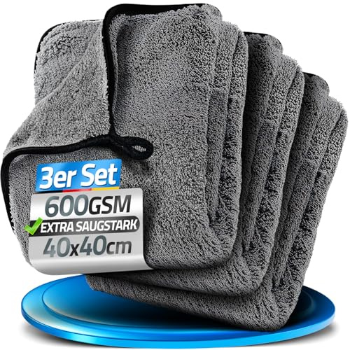 LOCO BIRD Mikrofasertücher Auto 600 GSM - 3er Set extrem saugstarke Microfasertücher - flauschig weiches Trockentuch Auto - Microfasertuch für Autopflege - Trockentuch in 40x40cm