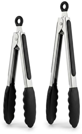 MAQNSCO 2pcs Kitchen Tongs, 9 & 12 Silicone Tip Tongs | Non Stick for Air Fryer & Salad/Pasta, Black