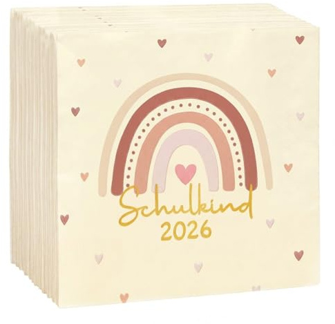COMOOKA 40 Stück Schulkind 2026 Servietten Einschulung Mädchen Regenbogen | Papierservietten mit Boho-Regenbogen Design, Schulkind 2026 Deko, Tischdeko Einschulung, Schulanfang & Schuleinführung Deko