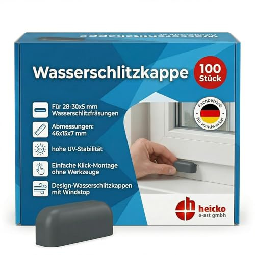 heicko Wasserschlitzkappen mit Windstopp, Anthrazitgrau, 28-30x5mm (100 ST) | RAL 7016 – Entwässerungskappen für Kunststoff- & Alufenster – Ablaufkappen Fensterrahmen - Schutz vor Insekten