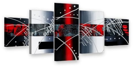 Visario Leinwandbild 5-teilig XXL 160x80 cm 5594 - Abstrakt in Schwarz, Rot und Weiß - Linien und Kreise - Wandbild-Set fertig aufgespannt auf Holzrahmen
