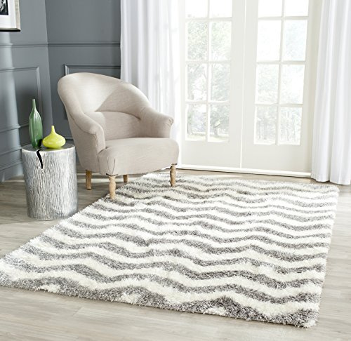 SAFAVIEH Montreal Shag Collection 5'3 x 7'6 Ivory/Grey SGM846B Chevron Non-Shedding Living Room Bedroom Dining Room Entryway Plush 2-inch Thick Area Rug