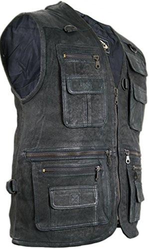 MDM Herren Freizeit Outdoor Lederweste mit Vielen Taschen in Rau Schwarz (Gr. L)