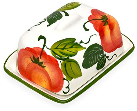Lashuma Handgemachte Kleine Butterdose Tomate Bemalt, aus Italienischer Keramik, Butterglocke Größe 12x9 cm