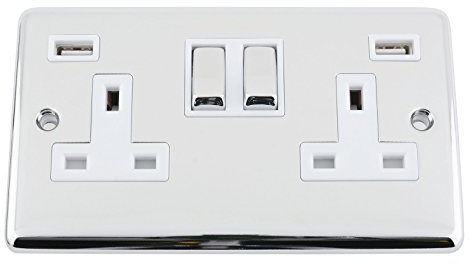 USB Socket 2 Gang - Polished Chrome Classic White Insert Metal Rocker (3100mA)