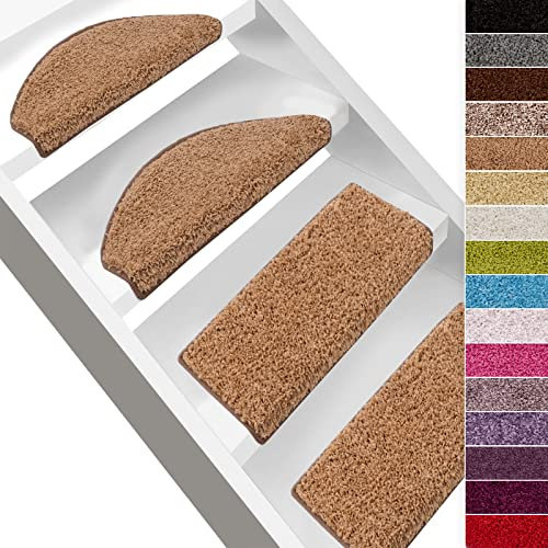 casa pura Shaggy Stufenmatten Barcelona, weicher Hochflor Treppen-Teppich - sauber eingekettelt, Starke Befestigung 1 Stück halbrund - 65 x 23,5cm - Hellbraun