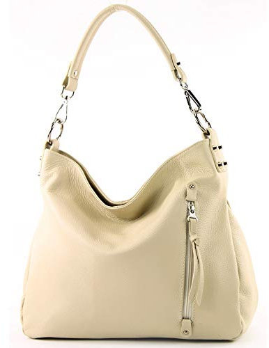 modamoda de T183 Damen Schultertasche Handtasche Tragetasche Echtleder Groß handmade in Italy, Farbe:Cremebeige
