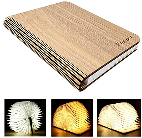 VORRINC Hölzerne faltende Buch Lampe,Stimmungsbeleuchtung,Nachttischlampe,Magnetisches LED Licht -dekorative Lichter mit 2000 mAh Akku Lithium,360°Faltbar,Ideal für Geschenk (Weißes Ahornblatt)