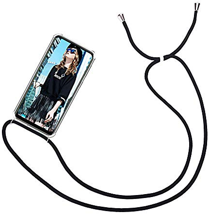 CaseLover Handykette Handyhülle für Xiaomi Redmi Note 9S/Xiaomi Note 9 Pro, Ultra Dünn Transparent Weiches Silikon Case Cover mit Kordel zum Umhängen Necklace Phone Necklace Hülle mit Band, Schwarz