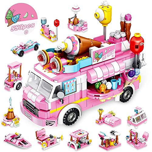 VATOS Bauspielzeug für Kinder, 553 Teile, Eiscreme-LKW-Bauspielzeug, 25 Modelle, Basteln, Bausteine, Rosa, Spielzeug für Mädchen 6 7 8 9 10 11 12 Jahre