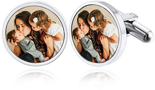Custom4U Personalisierte Herren Manschettenknöpfe mit Fotogravur für Männer Jungen Edelstahl 2X Manschettenknöpfe Cufflinks Silber Geschenk für Hochzeit Vatertag Geburtstag