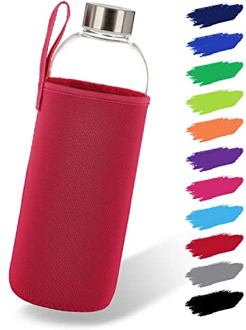NOMA Glasflasche 1 Liter mit Neoprenhülle | Trinkflasche aus Glas in 500ml & 1000ml mit Schutzhülle und Edelstahldeckel | Wasserflasche für Sport, Büro, Schule & Outdoor | Rot