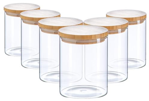 Argon Tableware Scandi Storage Jars with Wooden Lids - 750ml - 6 Pack - Modern Round Organisation Container Glass Jar for Kitchens, Pantry, Bathrooms, Utility Rooms