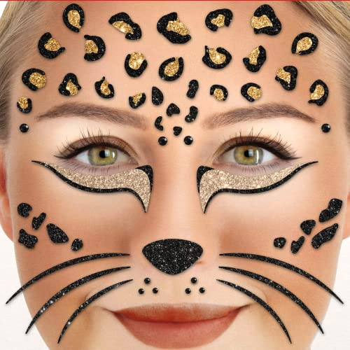 Party Factory Face Tattoo Leopard, temporäres Glitter Gesichtstattoo für Motto Party, Halloween & Karneval, Kinder & Erwachsene