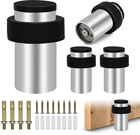 Floor Mounted Door Stopper, Stainless Steel Chrome Door Stops Wall Rubber Door Stoppers Heavy Duty Tall Modern Cylinder Decorative Doorstop Polished Floor Door Stop for Skirtings 4 Pack, Silver