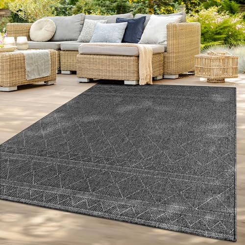 TT Home In-& Outdoor Teppich Wetterfest Balkon Küche Wohnzimmer Boho Rauten Design, Farbe: Dunkelgrau 2, Größe:133x190 cm