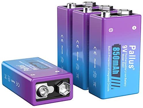 Pallus 9 V Lithium Akku, 4 Pack Wiederaufladbare 9 V Blockbatterien mit 4 Unabhängigen Steckplätzen, Intelligentes Ladegerät, Hohe Kapazität 850 mAh, Bis zu 1300 Zyklen
