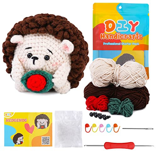 Häkelset für Anfänger, Häkeltier Kit, Häkeln Starter Kit Strickset mit Häkelnadeln, Garn, Schritt-für-Schritt-Anleitung Video, Häkelset für Anfänger Erwachsene DIY Handwerk Kunst (Igel)