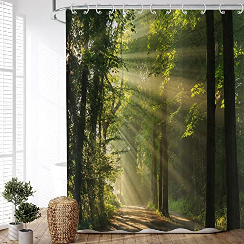 ASDCXZ Rideau de Douche Forêt 180x220 cm, Paysage Naturel Forêt Verte Soleil imperméable Textile Rideau Douche Tissu Lavable pour Baignoire avec 12 Crochets