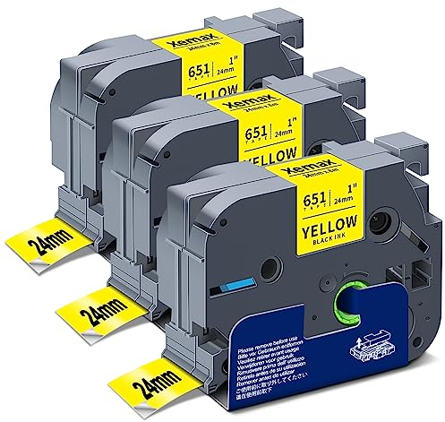 3x XemaX Kompatibel Schriftband Ersatz für Brother P-touch Bänder 24mm TZe-651 TZe651 Brother 1'' Tape Cassette für Brother PT-2480 P700 H500 D600 E500 E550WVP P750W P300BT CUBE PLUS, Schwarz Auf Gelb