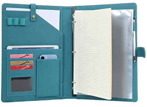 Wonderpool Porte-documents en Cuir A4 Padfolio Anneaux Planchettes à pince Classeur Ramovible avec Portebloc Notes et Organiseur Multi-poches pour Bureau Conférence Réunion et Travail (Cyan foncé)