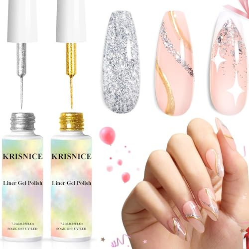 KRISNICE Nail Art Liner Gel Polish Built in Thin BrushMetallic Glod Silver Colors Nail Polish Soak off Curing for French Tip Nails Design DIY Nail (KLX2-001)