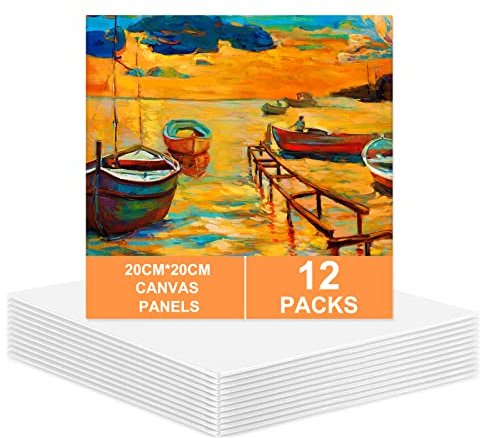 Koncci Canvas for Painting 20 x 20cm, 12 Packs Small Canvases for Painting Cotton Acid-Free for Acrylic & Oil Paint & Wet Water Art Media, Hobby Painters and Beginner