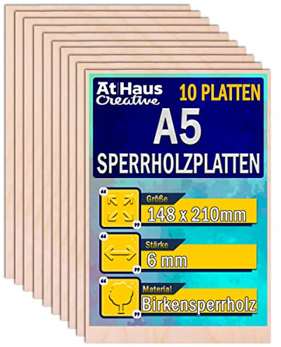 AtHaus 10 x A5 Sperrholzplatte 6mm | 148 x 210 mm | Birkensperrholz | Perfektes Blatt für Laserschnitt, CNC Router, Brandmalerei, Laubsäge, Durchbrochenes | Dünne Holz-Zuschnitt