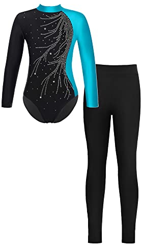 iEFiEL Mädchen Turnanzug Langarm Glitzer Gymnastik Kleidung Set Ballett Trikot Langarmbody mit Lange Hose Kinder Gymnastikanzug Z Grün + Schwarz 146-152