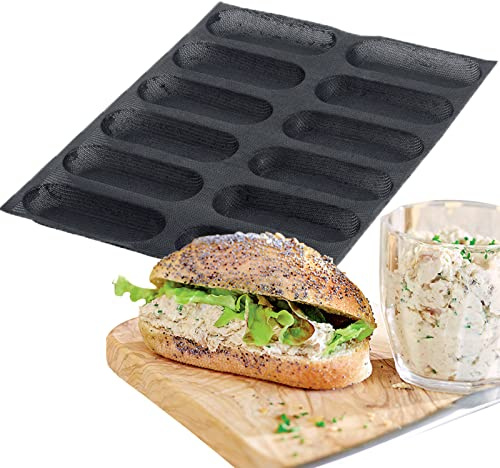 FETESUR Perforierte Silikon-Brotform zum Backen, 12 einzelne längliche Backformen, Hot Dog Brötchenform, Silikonformen für knusprige Brotrollen, Eclairs und Milchbrote