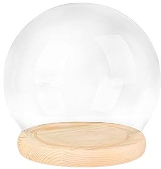 Sharplace Display Dome with Base Clear Glass Cloche Dome Decorative Bell Jar Display Case Table Centerpieces Glass Dome for Wedding Party Home Office, 12cm Wood Base