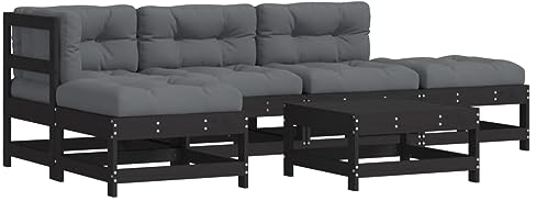 vidaXL Garten Lounge Set 6-TLG., Gartenmöbel Set mit Kissen, Sitzgruppe für Garten Terrasse, Modular Sofa Garnitur Loungemöbel, Schwarz Massivholz