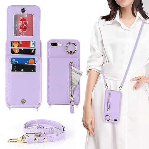 Ｈａｖａｙａ Coque pour iPhone 7 Plus avec Cordon Porte Carte Portefeuille Femme Étui iPhone 8 Plus avec zippé Cordon Telephone Portable Réglable Collier Housse Etui avec Anneau pour Femmes - Violet
