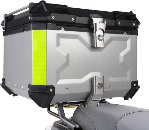 YMAOMAO Motorrad Topcase, Aluminium Motorradkoffer Kofferraum, Wasserdicht Motorrad Top Box Mit 2 Schlüsseln Sicherheitsschloss Für Aufbewahrungs Helm Gepäckträger Koffer,Silver-55L