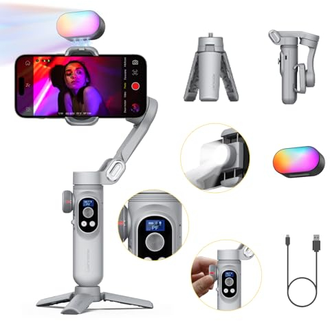 AOCHUAN Gimbal per iPhone con luce di riempimento magnetica RGB, Gimbal portatile a 3 assi con rotella di messa a fuoco/zoom per Vlog, compatibile con iPhone 15 Pro Max/Android-Smart X Pro Kit Grigio